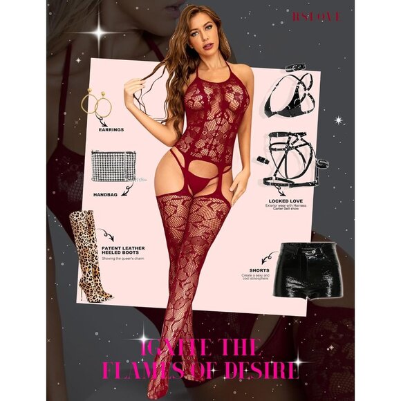 Fishnet Bodystocking Crotchless Lingerie with Attached Stockings One Size - Picture 5 of 5